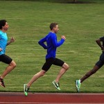 Mo Farah leads Cam Levins (left) and Galen Rupp (centre) in training Photograph: Doug Pensinger/Getty Images 