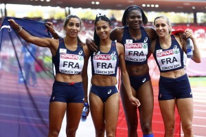 France's relay team Raharolahy Guei Hurtis and Gayot celebrate winning women's 4 x 400 metres final at European Athletics Championships in Zurich